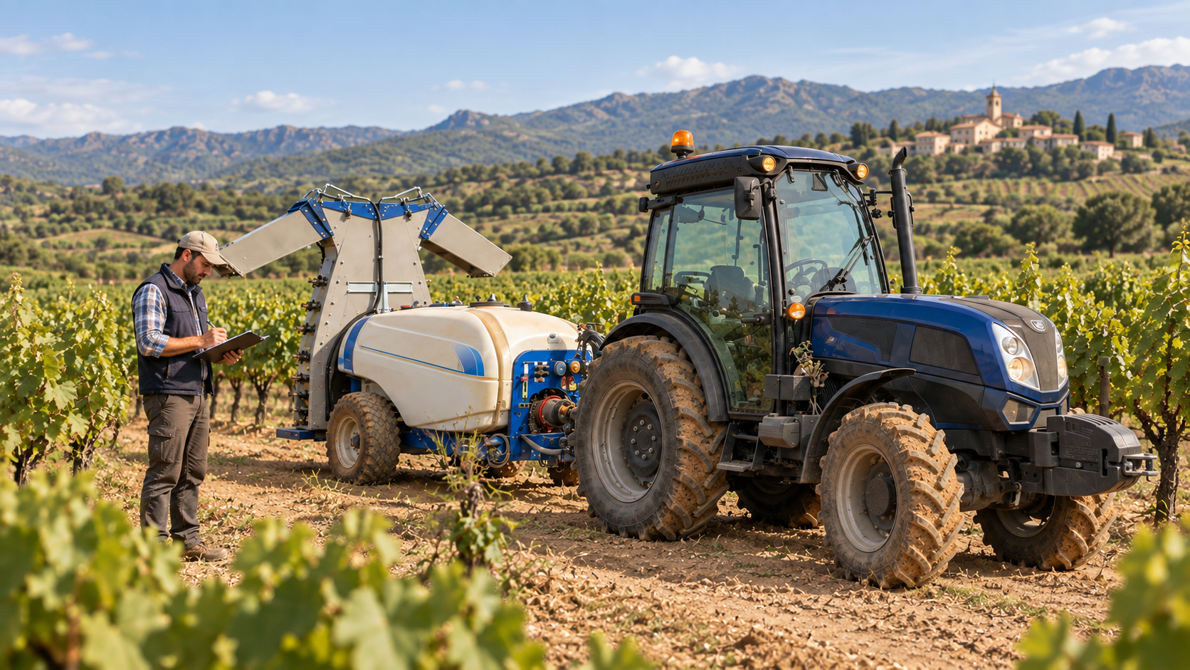 Agricultor tomando notas junto a un tractor con atomizador en un viñedo