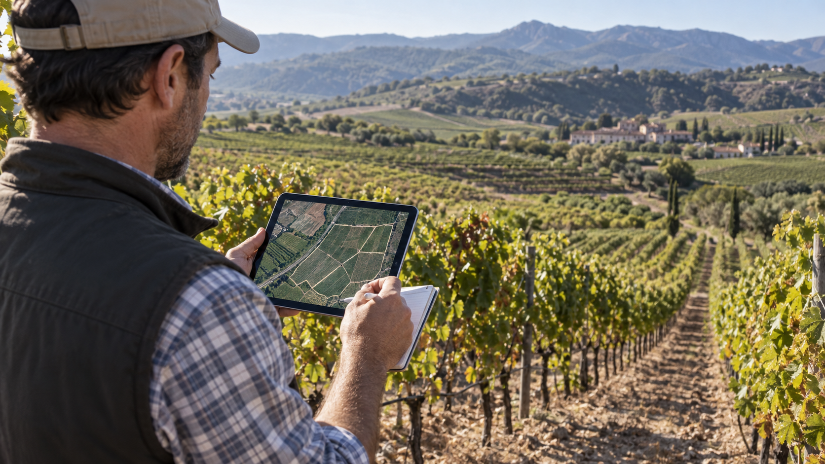 Técnico consultando un mapa de parcelas en una tableta frente a un viñedo